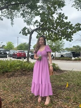 Women's Pink Puff-Sleeve Maxi Dress - Elegant Everyday Style